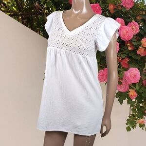 3/$20 Flutter Sleeve Eyelet Babydoll Dress Summer Sheer Mini Shift Vneck